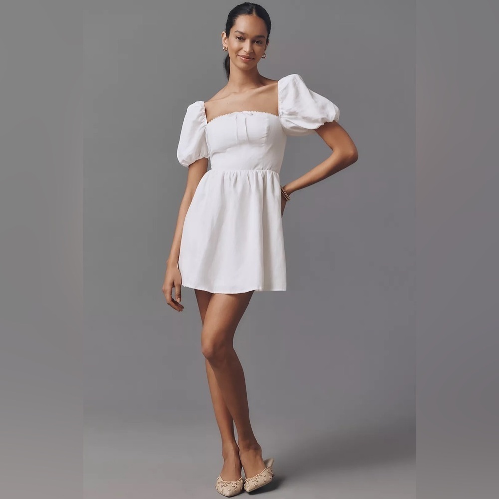 Reformation Malvina Linen Puff-Sleeve Mini Dress B1190